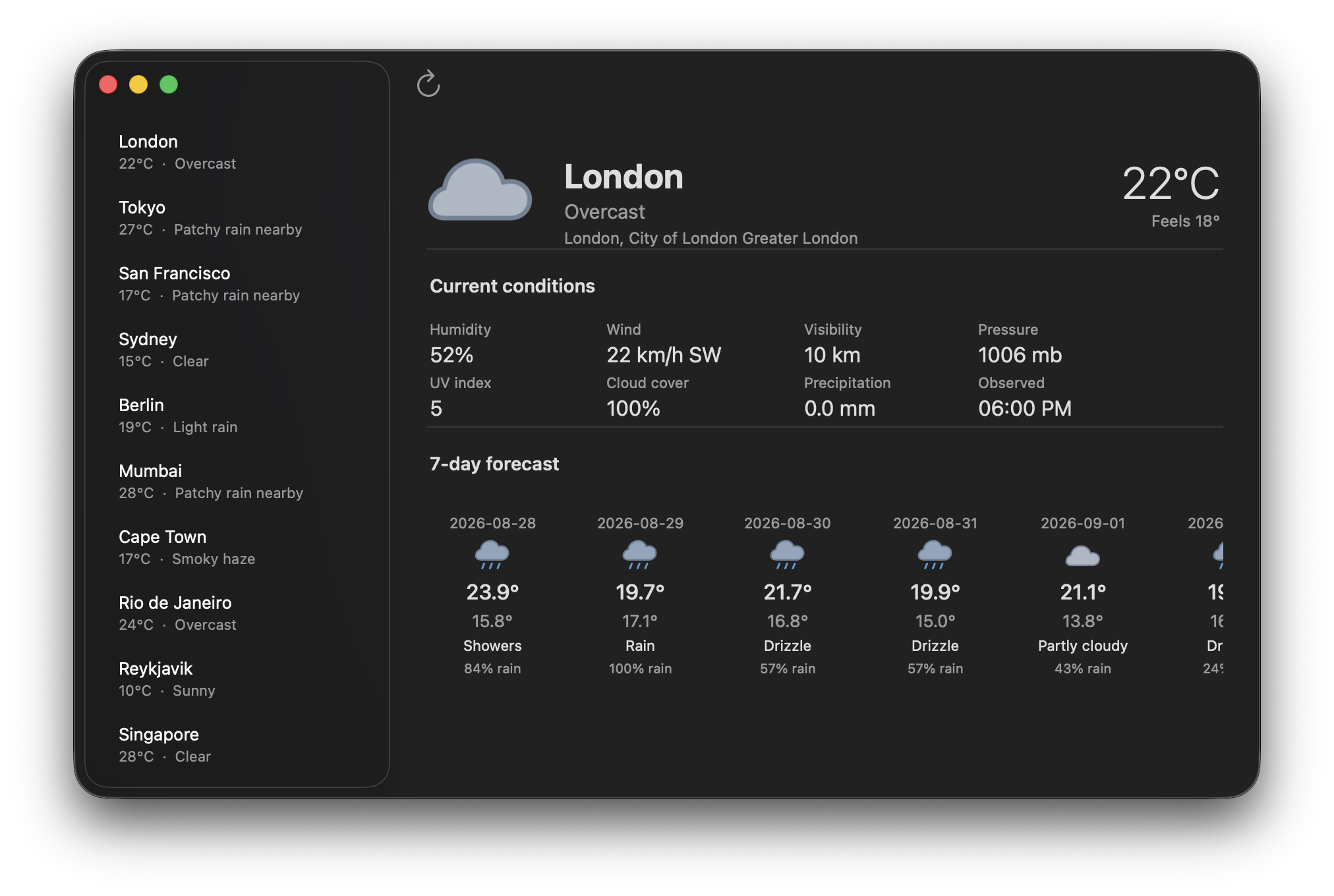 lua-objc Weather app showing a location sidebar and detailed seven-day forecast