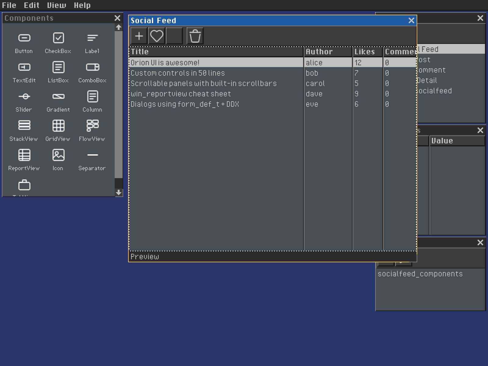 Orion Form Editor showing the SocialFeed project